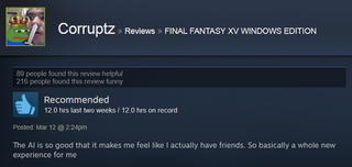Illustration for article titled Final Fantasy XV, As Told By Steam Reviews